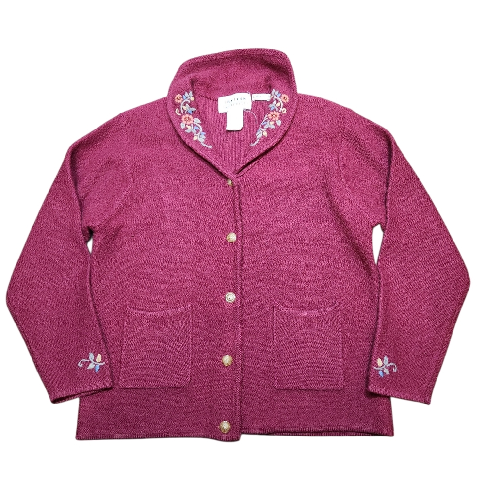 Vintage 90s Pink Wool Cardigan Floral Embroidery‎ Cottagecore Granny Scandi M